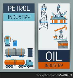 Industrial banners design with oil and petrol icons. Extraction and refinery facilities.
