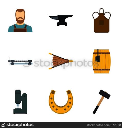 Industrial blacksmith icon set. Flat set of 9 industrial blacksmith vector icons for web isolated on white background. Industrial blacksmith icon set, flat style