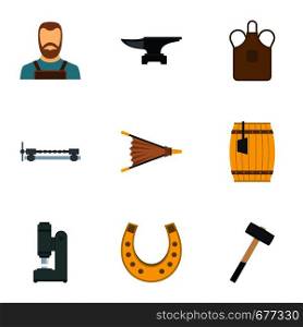 Industrial blacksmith icon set. Flat set of 9 industrial blacksmith vector icons for web isolated on white background. Industrial blacksmith icon set, flat style