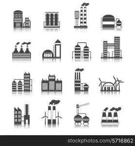 Industrial building factories and plants black and white icons set isolated vector illustration