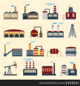 Industrial building factories and plants icons set isolated vector illustration.