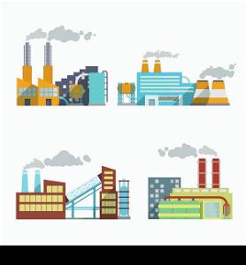 Industrial building factory and power plants icon set isolated vector illustration