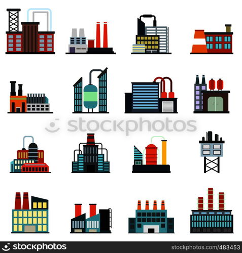 Industrial building factory flat icons set isolated on white background. Industrial building factory flat icons