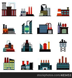 Industrial building factory flat icons set isolated on white background. Industrial building factory flat icons