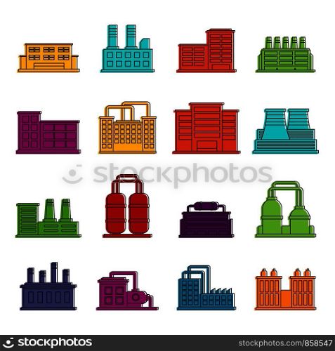 Industrial building factory icons set. Doodle illustration of vector icons isolated on white background for any web design. Industrial building icons doodle set