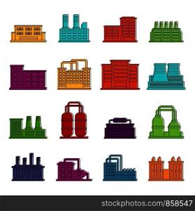 Industrial building factory icons set. Doodle illustration of vector icons isolated on white background for any web design. Industrial building icons doodle set
