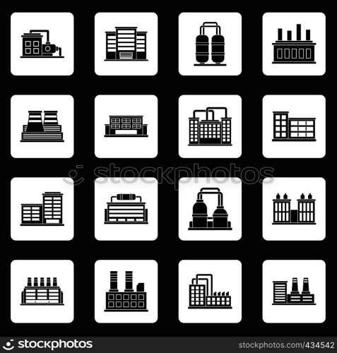 Industrial building factory icons set in white squares on black background simple style vector illustration. Industrial building icons set squares vector