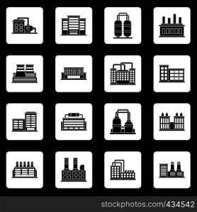 Industrial building factory icons set in white squares on black background simple style vector illustration. Industrial building icons set squares vector