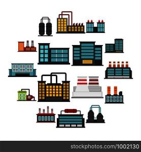 Industrial building factory set icons in flat style isolated on white background. Industrial building factory set flat icons