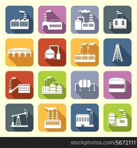 Industrial building modern city icons flat set with drilling rig and holding tanks isolated vector illustration