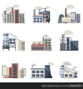 Industrial building plants and factories flat icons set isolated vector illustration. Industrial Building Set