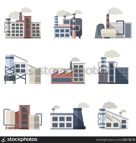 Industrial building plants and factories flat icons set isolated vector illustration. Industrial Building Set