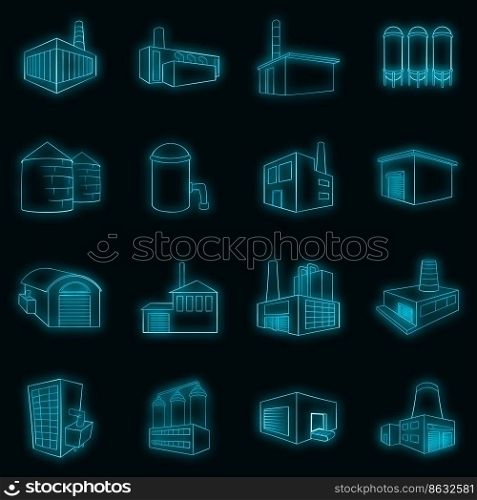 Industrial building plants and factories set icons in neon style isolated on a black background. Industrial building plants and factories icons set vector neon