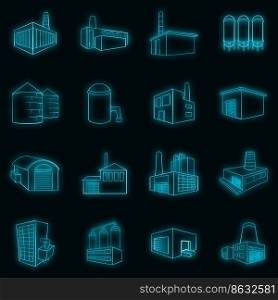 Industrial building plants and factories set icons in neon style isolated on a black background. Industrial building plants and factories icons set vector neon