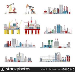 Industrial buildings and factory facilities vector icons. Plants, chemical estate, gas pipelines, oil refinery or mining manufacturing and engineering objects, energy production industry cartoon signs. Industrial buildings and factory facilities icons