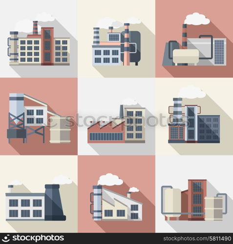 Industrial buildings and power plants flat long shadow icons set isolated vector illustration. Industrial Buildings Set