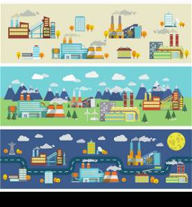 Industrial buildings factories facilities public offices and power plants horizontal banners set vector illustration