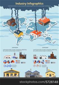 Industrial buildings factories industry infographics set with charts and world map vector illustration