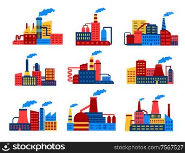 Industrial buildings flat icons in infographics style for industry and ecology concept
