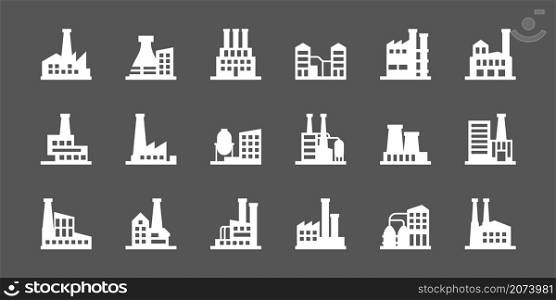 Industrial buildings. Hazzard factory manufacture icons collection power plant garish vector silhouettes. Illustration factory building manufacturing, construction industrial icons. Industrial buildings. Hazzard factory manufacture icons collection power plant garish vector silhouettes