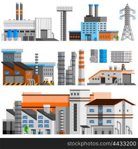 Industrial Buildings Orthogonal Set. Industrial buildings orthogonal set with pipes flat isolated vector illustration