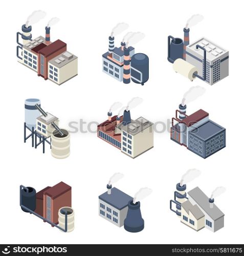 Industrial buldings isometric icons set with 3d plants and factories isolated vector illustration. Building Industry Isometric