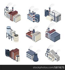 Industrial buldings isometric icons set with 3d plants and factories isolated vector illustration. Building Industry Isometric