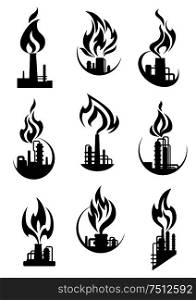 Industrial chemical plant and factory icons with black silhouettes of pipelines, towers and chimneys, fire flames. For gas and oil industry design. Black industrial chemical factory icons