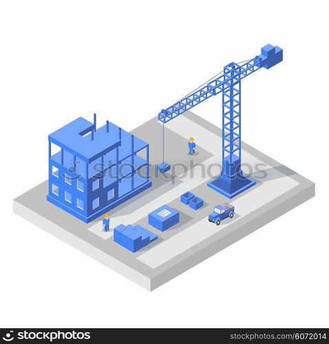 Industrial city building with construction cranes and building houses, a car, civil engineer in blue tones