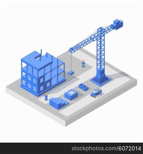 Industrial city building with construction cranes and building houses, a car, civil engineer in blue tones