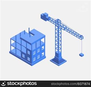 Industrial city building with construction cranes and building houses, a car made in perspective in blue