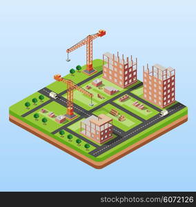 Industrial city building with construction cranes and building houses, a car made in perspective isometric