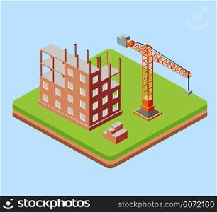 Industrial city building with construction cranes and building houses a made in perspective isometric