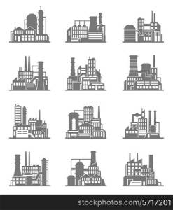 Industrial city construction building factories and plants black icons set isolated vector illustration