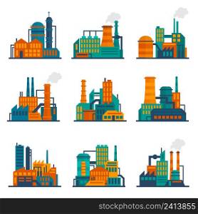 Industrial city construction building factories and plants flat icons set isolated vector illustration