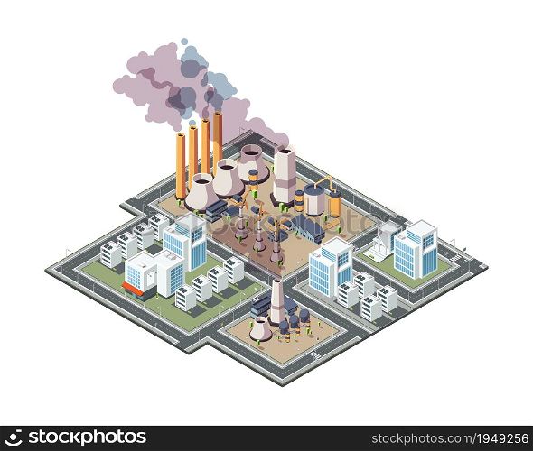 Industrial city. Urban factory pollution air garbage in city 3d low poly isometric buildings vector. Pollution city urban, factory industrial illustration. Industrial city. Urban factory pollution air garbage in city 3d low poly isometric buildings vector