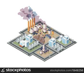 Industrial city. Urban factory pollution air garbage in city 3d low poly isometric buildings vector. Pollution city urban, factory industrial illustration. Industrial city. Urban factory pollution air garbage in city 3d low poly isometric buildings vector