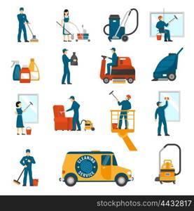 Industrial Cleaning Service Flat Icons Set . Industrial cleaning service workers flat icons collection with vacuum scrubber and sweeper machines abstract isolated vector illustration