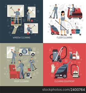 Industrial cleaning window washers and floor scrubbing equipment 4 flat icons square poster abstract isolated vector illustration . Industrial Cleaning 4 Flat Icons Square