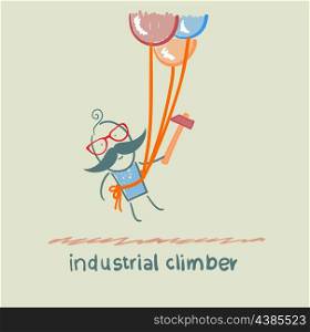 industrial climber flies on the balloons with a hammer