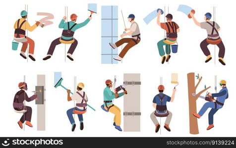 Industrial climbers. Dangerous profession, men work at height with safety ropes, special equipment, skyscraper window wash, alpinist hanging, cartoon flat style isolated characters, tidy vector set. Industrial climbers. Dangerous profession, men work at height with safety ropes, special equipment, skyscraper window wash, alpinist hanging, cartoon flat s characters, tidy vector set