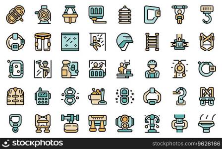 Industrial Climbing icons set outline vector. Man paint. Worker rope thin line color flat on white isolated. Industrial Climbing icons set vector line color
