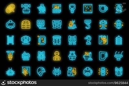 Industrial Climbing icons set outline vector. Man paint. Worker rope neon color on black. Industrial Climbing icons set vector neon