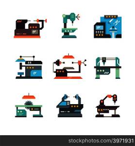 Industrial cnc machine tools and automated machines flat icons. Machine equipment for factory industry, illustration of industrial, production. Industrial cnc machine tools and automated machines flat icons