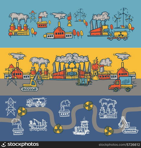 Industrial colored sketch banner design set with plants pollution oil transportation symbols isolated vector illustration