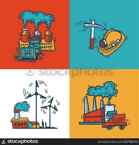 Industrial colored sketch flat icons design set with plants mining energy and transportation symbols isolated vector illustration
