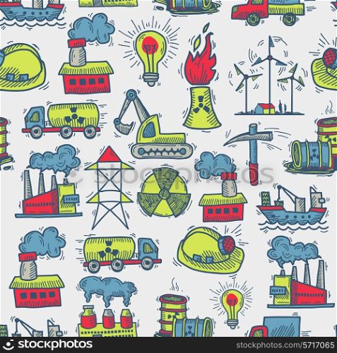 Industrial colored sketch seamless pattern with windmill power plant petrol truck vector illustration