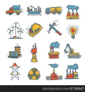 Industrial decorative colored sketch icon set with power plant and factories isolated vector illustration