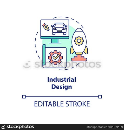 Industrial design concept icon. Competitive job candidate skill abstract idea thin line illustration. Products creation. Isolated outline drawing. Editable stroke. Arial, Myriad Pro-Bold fonts used. Industrial design concept icon