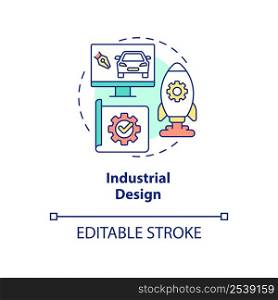 Industrial design concept icon. Competitive job candidate skill abstract idea thin line illustration. Products creation. Isolated outline drawing. Editable stroke. Arial, Myriad Pro-Bold fonts used. Industrial design concept icon